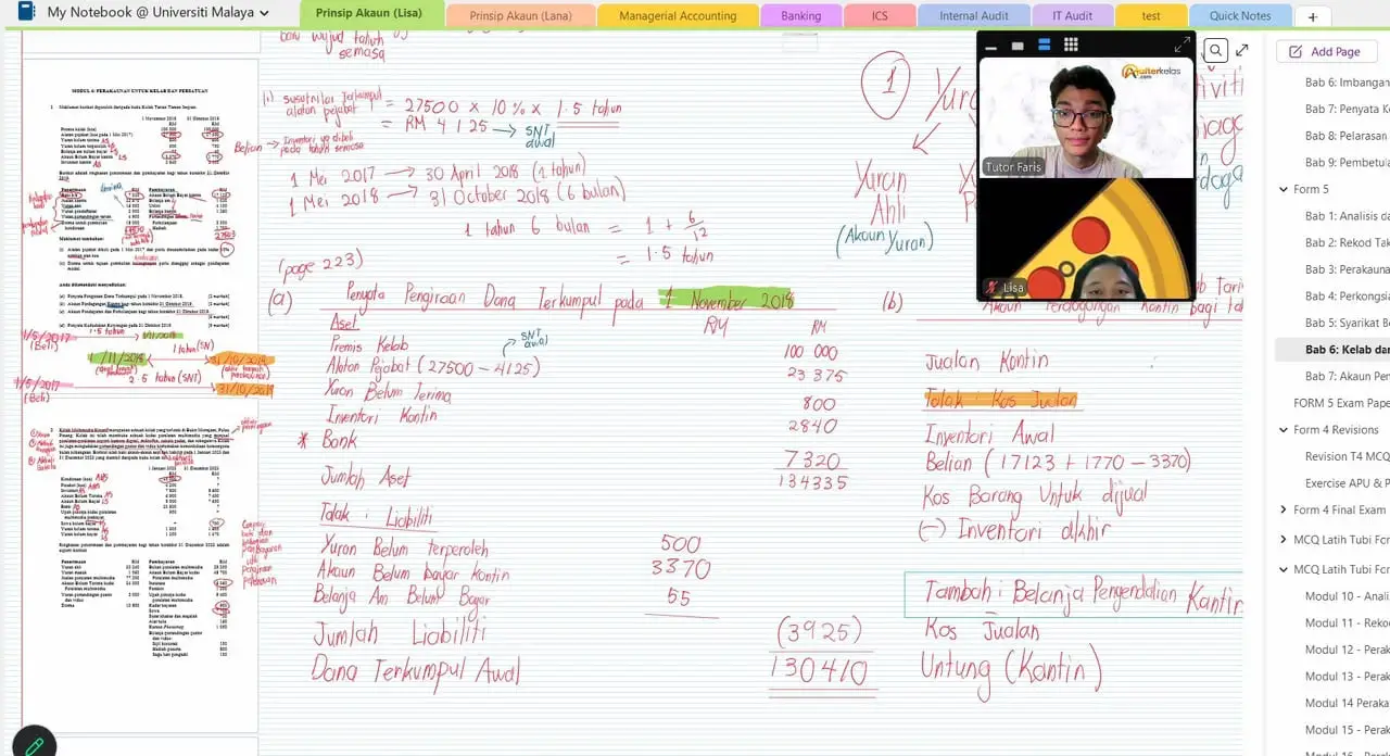 A tutor's handwritten working on a club's statement of accumulated fund, in a one-to-one Prinsip Perakaunan class on Zoom
