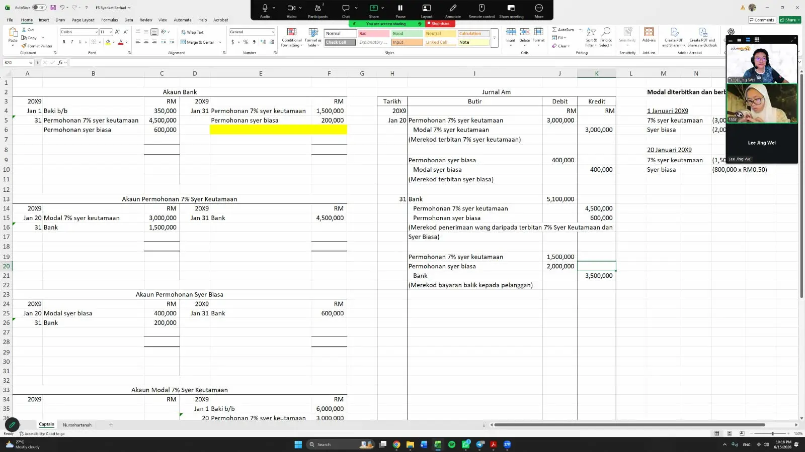 A one-to-one Prinsip Perakaunan class on Zoom, with the bank account and journal entries for a company's share issue set out in Excel
