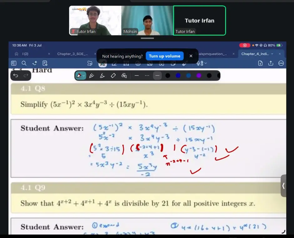 A student's answer to an indices question, ticked by an Afterkelas tutor during a live online Additional Mathematics class