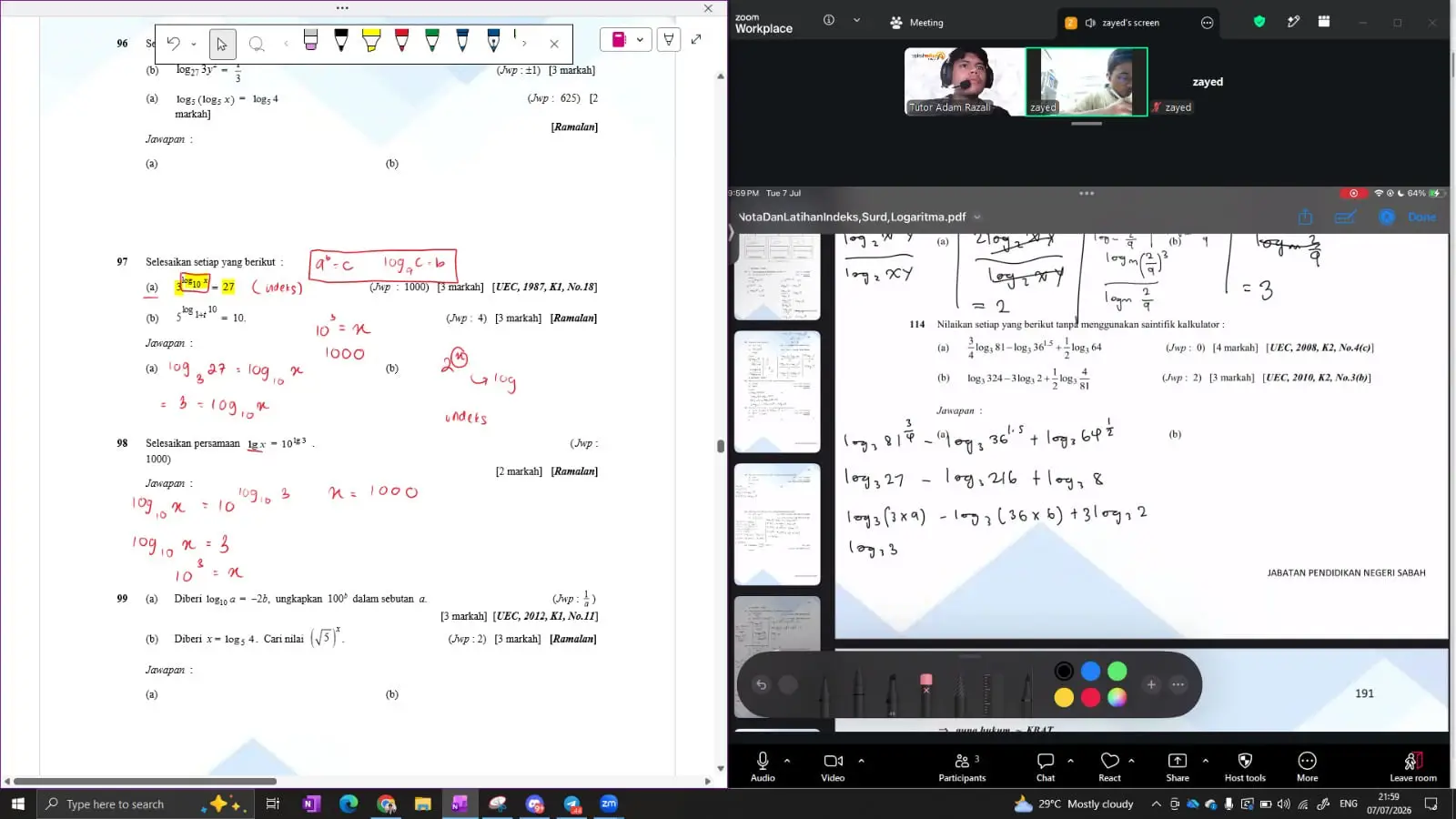 Logarithm questions from an SPM revision module, worked through on a shared screen in a one-to-one Additional Mathematics class