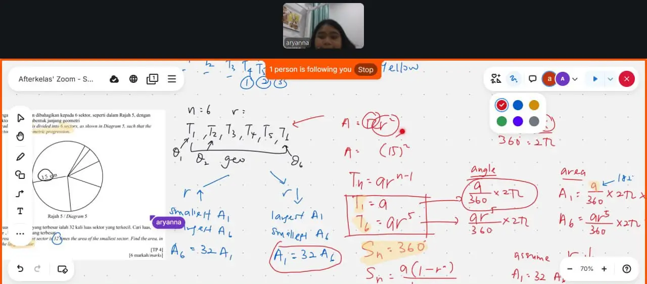 A geometric progression of sector areas worked out on a shared whiteboard in a one-to-one Additional Mathematics class