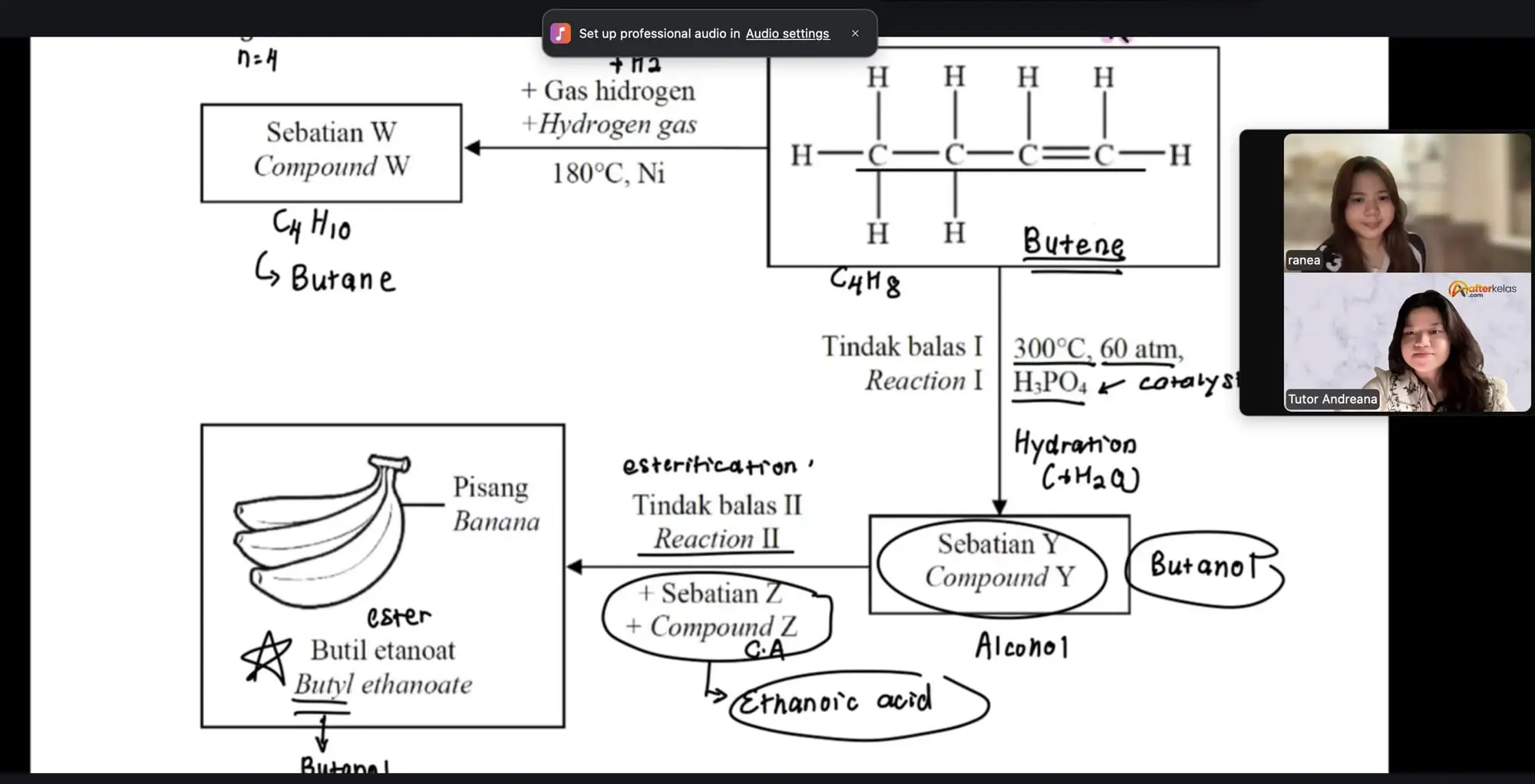 An Afterkelas tutor's SPM Chemistry map of carbon compound reactions, from butene to butanol and butyl ethanoate, shared in a one-to-one Zoom class