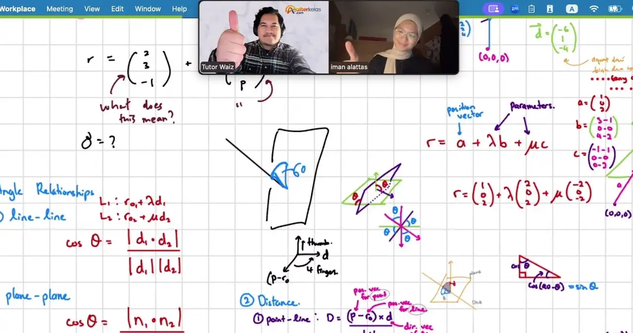 An Afterkelas tutor's handwritten working on a shared whiteboard during a live online class