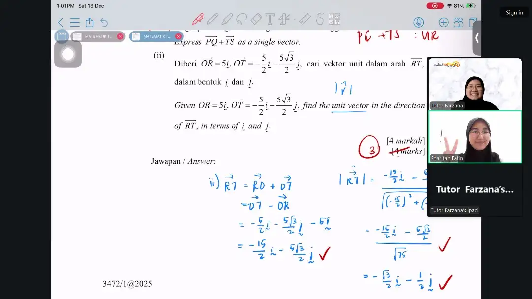An Afterkelas tutor ticking a student's Additional Mathematics working, line by line, in an online class