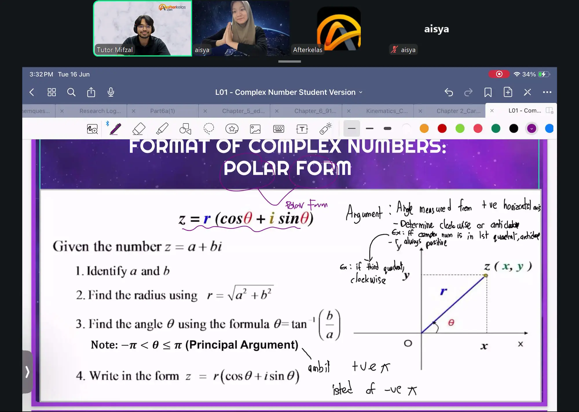 Tutor Mifzal teaching complex numbers in polar form to a foundation student in a one-to-one Zoom class