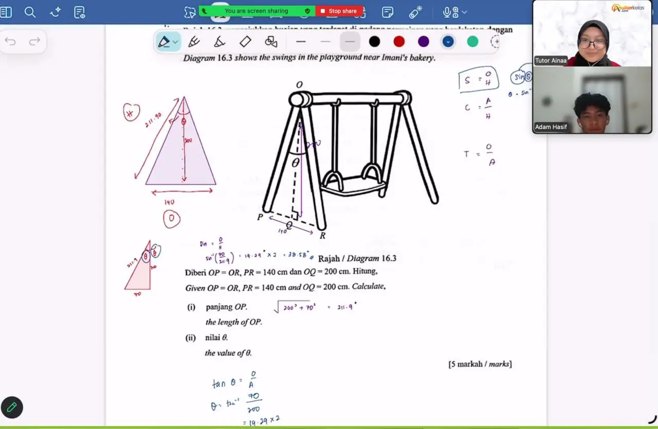 Working out the angle of a playground swing with sine, cosine and tangent in a one-to-one SPM Mathematics class on Zoom