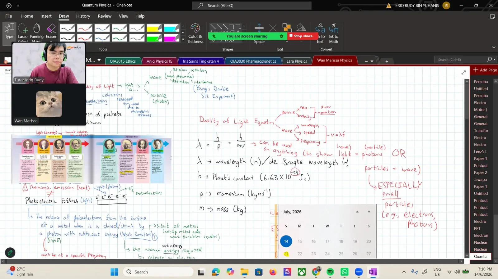 A tutor's colour-coded notes on the dual nature of light and the photoelectric effect, in a one-to-one Physics class