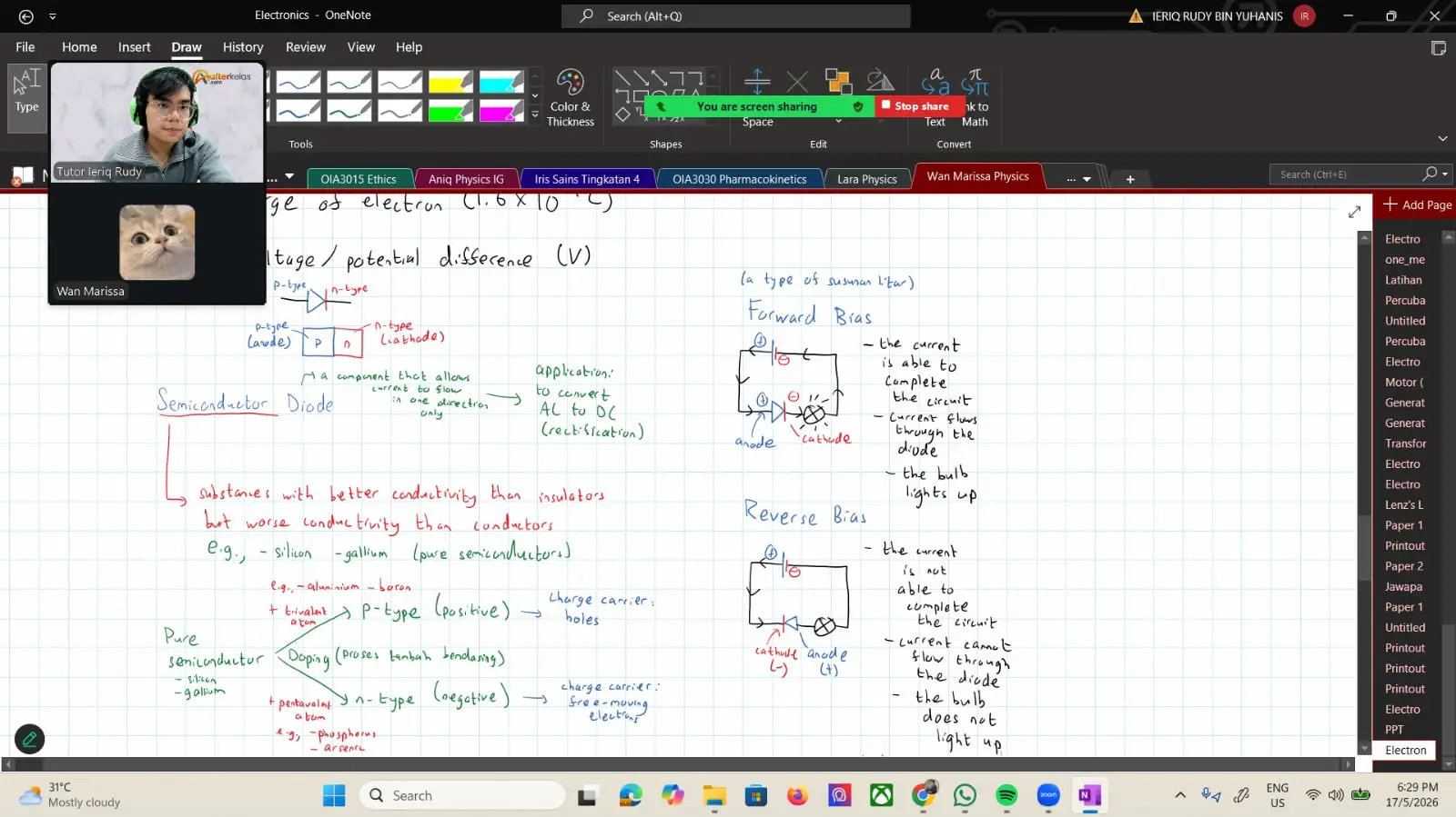 A tutor's notes on semiconductor diodes in forward and reverse bias, written during a one-to-one Physics class