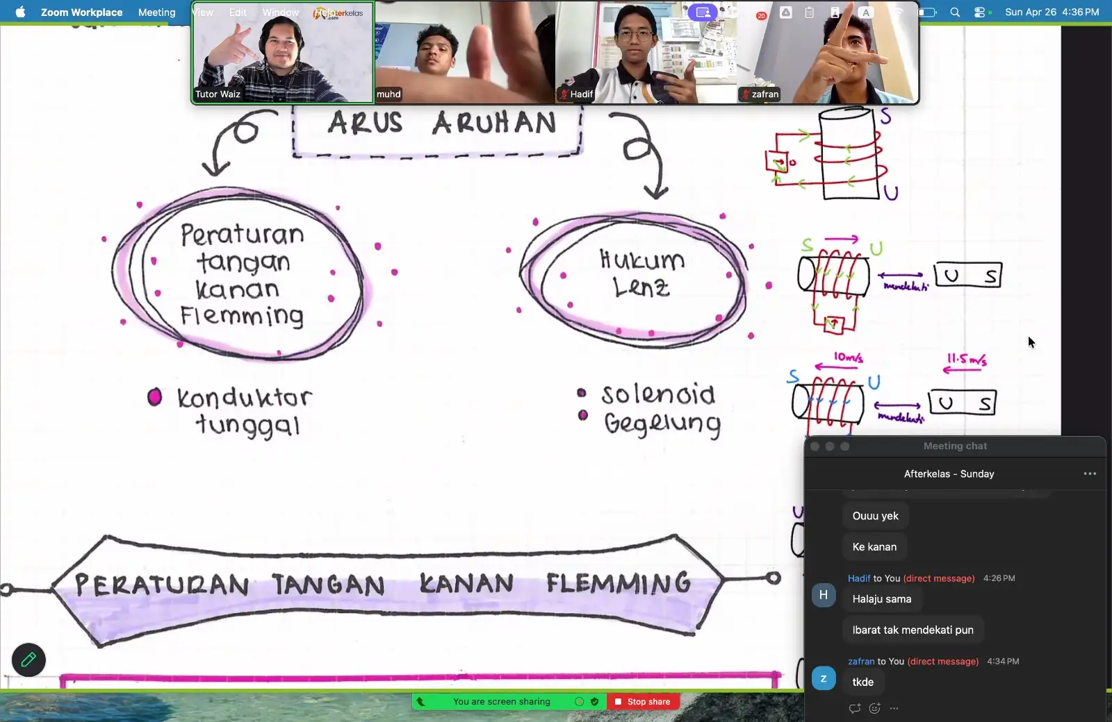 Tutor Waiz mengajar kelas Fizik SPM berkumpulan kecil di Zoom, dengan nota tentang arus aruhan, Petua Tangan Kanan Fleming dan Hukum Lenz