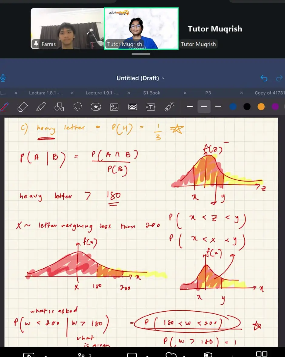A tutor sketching normal distribution curves to explain conditional probability, in a one-to-one Statistics class on Zoom