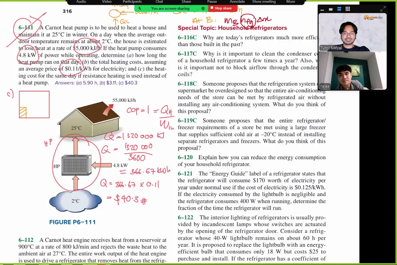 A heat pump problem worked in red over a textbook page, during a one-to-one university Thermodynamics class